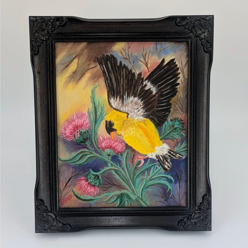 Goldfinch Bird Thistle Painting Framed Original Art 8x10 Canvas Signed Acrylic